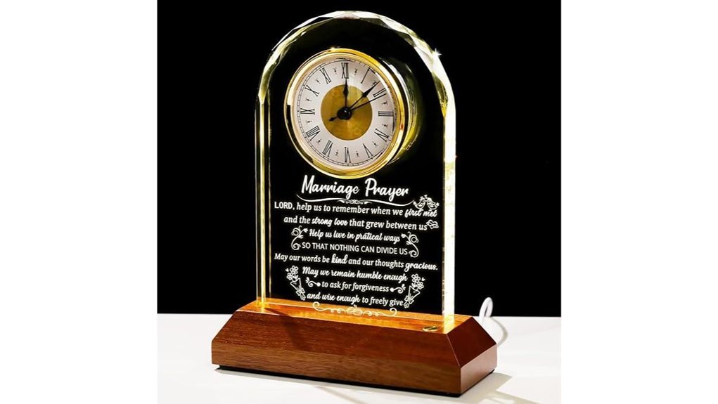 glass clock with wooden base